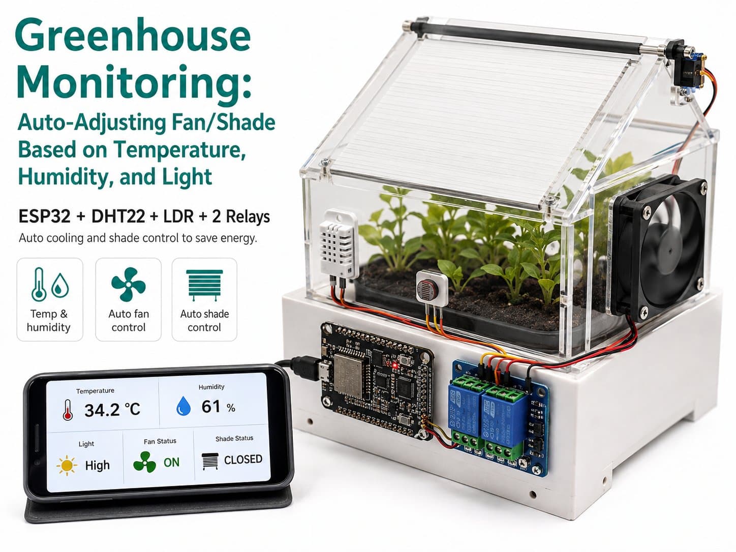 Greenhouse Monitoring: Auto-Adjusting Fan/Shade Based on Temperature, Humidity, and Light