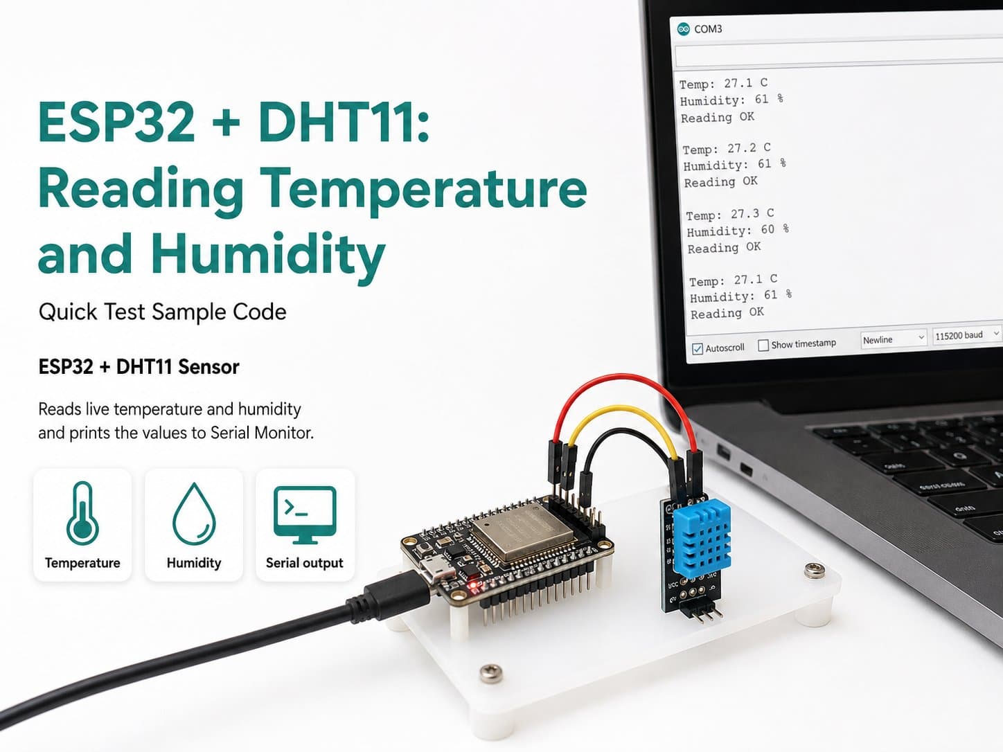 ESP32 + DHT11: Reading Temperature and Humidity (Quick Test Sample Code)