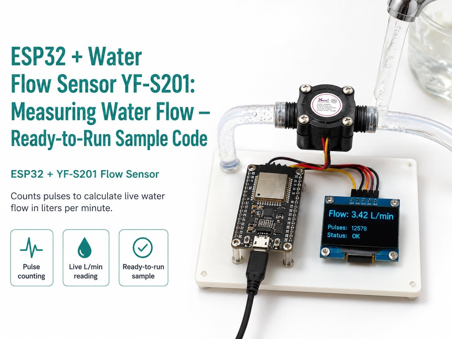 ESP32 + Water Flow Sensor YF-S201: Measuring Water Flow — Ready-to-Run Sample Code