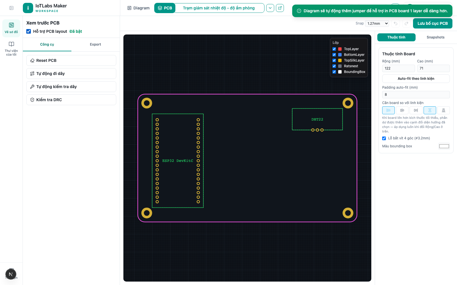 ESP32 + DHT22 board right after enabling PCB layout, showing the ratsnest