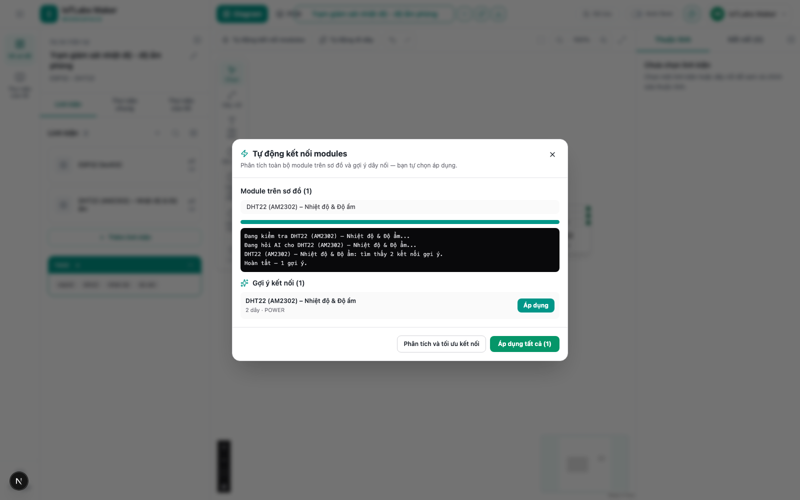 Modal showing connection suggestions for the DHT22 after analysis