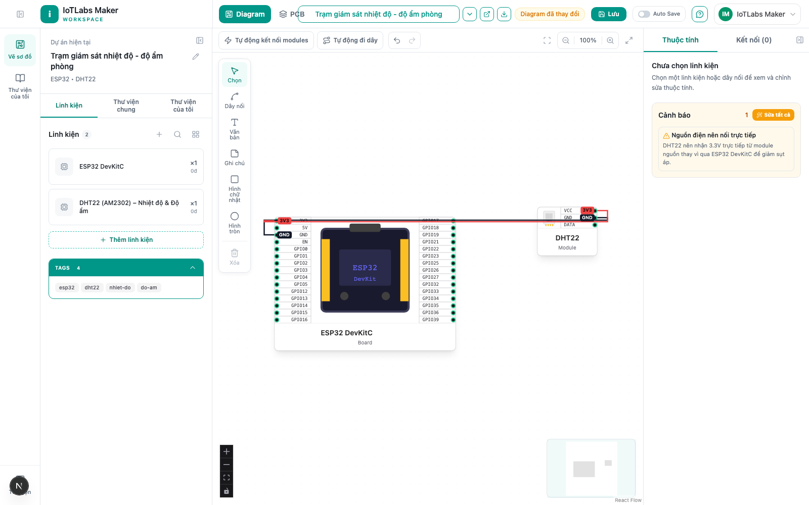 Diagram after applying suggestions: DHT22 is fully wired to the ESP32